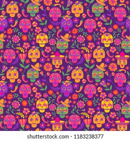 Dia de los muertos seamless vector pattern. The main symbols of the holiday on the dark background. Day of the dead.