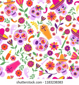 Dia de los muertos seamless vector pattern. The main symbols of the holiday on the dark background. Day of the dead.