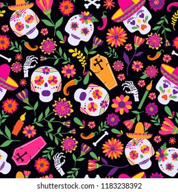 Dia de los muertos seamless vector pattern. The main symbols of the holiday on the dark background. Day of the dead.