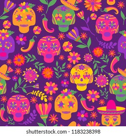 Dia de los muertos seamless vector pattern. The main symbols of the holiday on the dark background. Day of the dead.