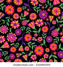 Dia de los muertos seamless vector pattern with marigold flowers. The main symbols of the holiday on the dark background. Day of the dead.