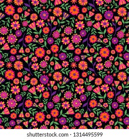 Dia de los muertos seamless vector pattern with marigold flowers. The main symbols of the holiday on the dark background. Day of the dead.
