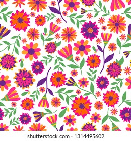 Dia de los muertos seamless vector pattern with marigold flowers. The main symbols of the holiday on the white background. Day of the dead.