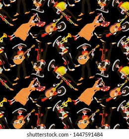 Dia de los muertos seamless pattern. El mariachi skeleton musician characters. Isolated on black background for wrapping papper or textile.