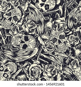 Dia De Los Muertos seamless pattern with sugar skulls trumpets candles roses religious crosses angel wings cactuses tequila bottles in vintage monochrome style vector illustration