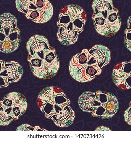 Dia de los muertos seamless pattern with sugar skulls on floral dark background in vintage style vector illustration