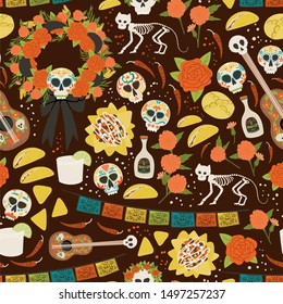 Dia De Los Muertos seamless pattern hand drawn cartoon style holiday textile background. Skull, cat skeleton, wreath, nachos, guitar. Stock vector