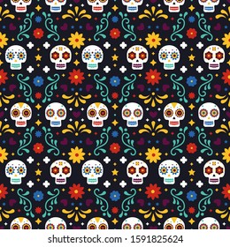 Dia De Los Muertos seamless pattern with skulls and flowers on black background. Traditional mexican Halloween design for Day of the dead holiday party. Ornament from Mexico.