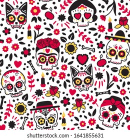 Dia de los muertos seamless vector pattern. Cute cartoon style elements on a white background. Day of the dead wallpaper.