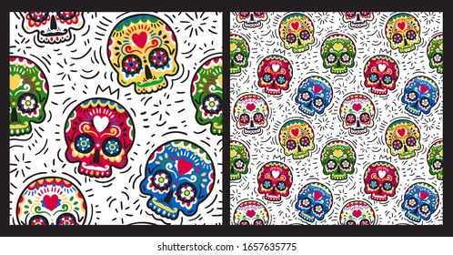 Dia de los muertos sin fisuras vectoriales. Cáscaras de azúcar coloridas con doodles sobre el fondo blanco. Día del fondo muerto.