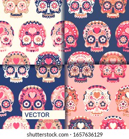 Dia de los muertos seamless vector patterns collection. Classic sugar in modern original pastel colors. Day of the dead backgrounds collection.