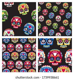 Dia de los muertos seamless vector patterns set. Classic sugar sculls with doodles on the dark background. Day of the dead background.