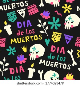 Dia de los muertos seamless pattern on black background. Day of the dead pattern with skull, candle, flowers and flags. Dia de los muertos lettering. Mexican background.