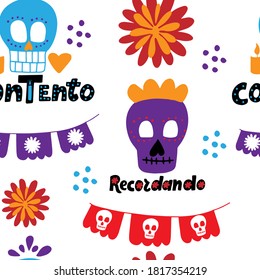 Dia de los muertos seamless pattern with sugar skull, marigold, papel picado, recordando, contento quotes. Mexicano fiesta background