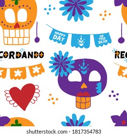 Dia de los muertos seamless pattern with sugar skull, papel picado, recordando hand lettering quote. Mexicano ethnic traditional fiesta background