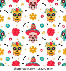 Dia de Los Muertos seamless pattern. Traditional Mexican festival. Sugar mexican skulls, bones and floral decoration. Illustration for fabric, wrapping paper, packaging etc. Colorful vector.