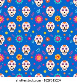 Dia de los Muertos seamless pattern of traditional Mexican symbols. Easy to edit vector template for greeting card, banner, poster, party invitation, fabric, textile, wrapping paper, etc.
