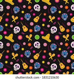 Dia de los Muertos seamless pattern of traditional Mexican symbols. Easy to edit vector template for greeting card, banner, poster, party invitation, fabric, textile, wrapping paper, etc.