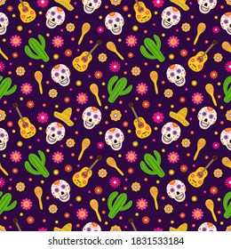 Dia de los Muertos seamless pattern of traditional Mexican symbols. Easy to edit vector template for greeting card, banner, poster, party invitation, fabric, textile, wrapping paper, etc.