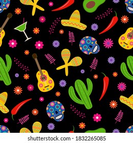 Dia de los Muertos seamless pattern of traditional Mexican symbols. Easy to edit vector template for greeting card, banner, poster, party invitation, fabric, textile, wrapping paper, etc.