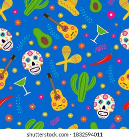 Dia de los Muertos seamless pattern of traditional Mexican symbols. Easy to edit vector template for greeting card, banner, poster, party invitation, fabric, textile, wrapping paper, etc.