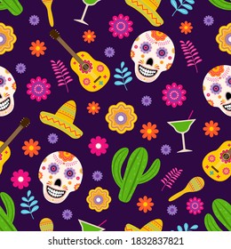 Dia de los Muertos seamless pattern of traditional Mexican symbols. Easy to edit vector template for greeting card, banner, poster, party invitation, fabric, textile, wrapping paper, etc.