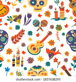 Dia de los muertos seamless pattern with skulls and flowers, floral ornaments and burning candles. Maracas and acoustic guitar, flying birds and musical instruments. Mexican holiday vector in flat