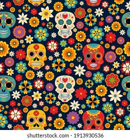 Dia de los muertos sin costura patrón vectorial. Mariachi y Catrina mexicanos con sombrero, maracas y flores de caléndulo, cactus, velas y arbustos