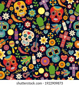 Dia de los muertos seamless vector pattern. Decoration with skeletons and flowers. Day of the dead.