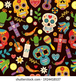 Dia de los muertos sin costura patrón vectorial. Fiesta religiosa tradicional mexicana o Día de los Muertos. Decoración con esqueletos y flores.