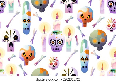 Dia de los muertos seamless pattern. Day of the dead. Hand drawn digital skull with candle and bones. Halloween or day of the dead poster background. White and colorful brights skull. Vector