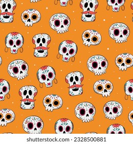 Dia de los muertos seamless pattern with doodled skulls on yellow background for wallpaper, scrapbooking, textile prints, stationary, packaging, wrapping paper. EPS 10