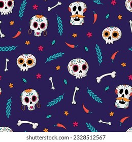 Dia de los muertos seamless pattern with doodles for wallpaper, textile prints, digital paper, scrapbooking, stationary, wrapping paper, backgrounds, etc. EPS 10