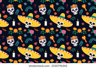 Dia de los Muertos seamless pattern with colorful skulls, roses, marigolds, maracas, sombrero, candles, cross, bones, festive banners. Vector illustration for poster, banner, cover and social media.