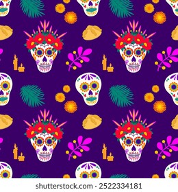 Dia de los muertos seamless vector pattern  with sugar skulls calavera, crowns, candles, marigolds cempasuchil, bread pan de muerto, fantasy branches on purple background for decoration, textile