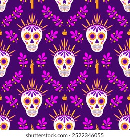 Dia de los muertos seamless vector pattern  with sugar skulls calavera, crowns, candles, fantasy branches on purple background for decoration, textile, stationary, design paper