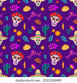 Dia de los muertos seamless vector pattern with sugar skulls calavera, crowns, candles, marigolds, pan de muerto, cactus, fantasy branches on purple background for decoration, textile, design paper