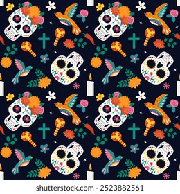 Dia de los Muertos seamless pattern with colorful sugar skull, marigold, maracas, candle, cross and bird. Bright vector illustration for poster, banner, cover and social media template.