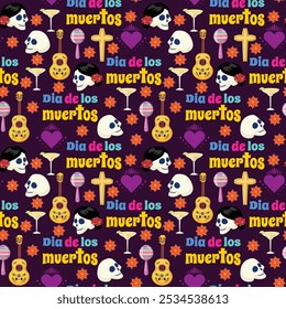 Dia de los Muertos seamless pattern with skulls, flowers, guitars, hearts and festive symbols