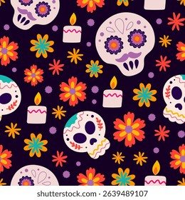 Dia de los muertos seamless pattern. Day of the dead mexican floral decorations, sugar human head, candles and other elements.