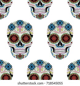 Dia de los Muertos seamless vector pattern. Mexican Day of the Dead. Handmade paper cut party flag with ornametal scull, calavera catrina. Openwork Santa Muerte