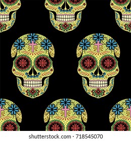 Dia de los Muertos seamless vector pattern. Mexican Day of the Dead. Handmade paper cut party flag with ornametal scull, calavera catrina. Openwork Santa Muerte