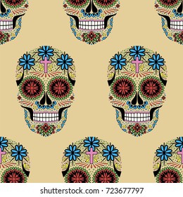 Dia de los Muertos seamless vector pattern. Mexican Day of the Dead. Handmade paper cut party flag with ornametal scull, calavera catrina. Openwork Santa Muerte