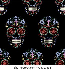 Dia de los Muertos seamless vector pattern. Mexican Day of the Dead. Handmade paper cut party flag with ornametal scull, calavera catrina. Openwork Santa Muerte