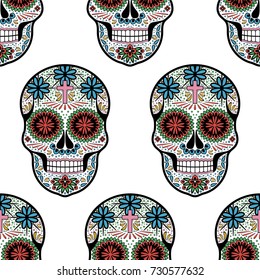 Dia de los Muertos seamless vector pattern. Mexican Day of the Dead. Handmade paper cut party flag with ornametal scull, calavera catrina. Openwork Santa Muerte