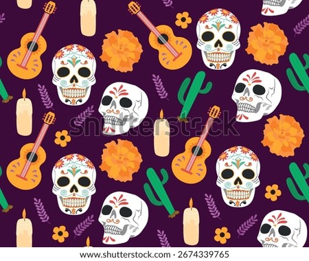 Dia de los Muertos seamless pattern with skull, flowers, candles. Day of the Dead vector illustration for textile, wallpaper, wrapping.