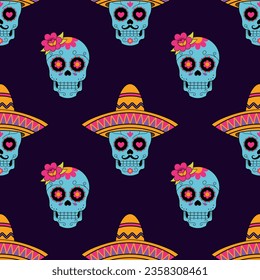 Dia De Los Muertos Senior and Senorita Skulls Seamless Pattern