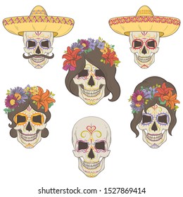 Dia de los Muertos. Set of mexicans skulls for Day of the Dead 