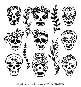 Dia de los muertos set in hand drawn doodle style. Mexican holiday. Vector illustration. The day of the dead.