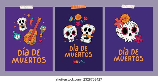 dia de los muertos set of cards, posters, prints, invitations, vertical banners decorated with lettering quotes, doodles of skulls and flowers. EPS 10